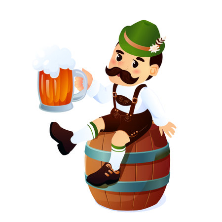 Cartoon Bavarian man in traditional Oktoberfest outfit sitting on wooden beer barrel holding frothy mug wearing green alpine hat lederhosen white shirt striped socks and black shoesのイラスト素材
