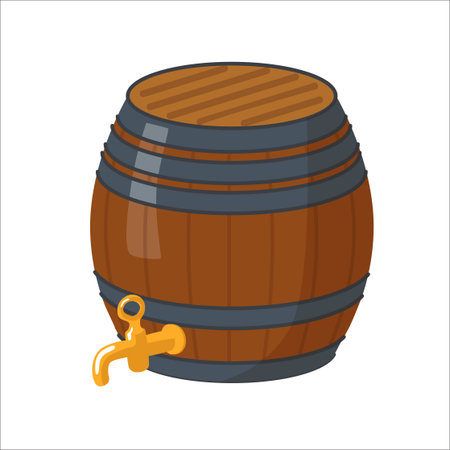 Wooden Beer Barrel with Tap Classic Vintage Keg Icon for Oktoberfest Brewery Pub or Distillery Isolated on White Background Vector Illustrationのイラスト素材