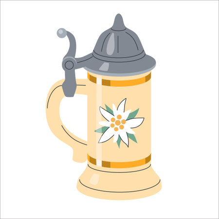 Traditional German Beer Stein with Edelweiss Flower and Pewter Lid Oktoberfest Bavarian Souvenir Icon Isolated on White Background Vector Illustrationのイラスト素材