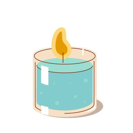 Blue scented candle in glass jar with yellow flame flat style illustration for home decor spa aromatherapy and relaxation themed designsのイラスト素材