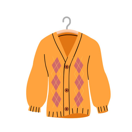 Orange argyle cardigan sweater with buttons on hanger flat style illustration for autumn fashion and casual winter wardrobe designのイラスト素材