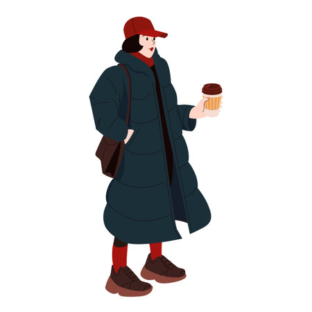Woman in long puffer coat holding coffee cup wearing red cap and winter outfit standing isolated on white backgroundのイラスト素材