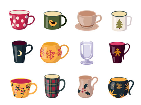 Set of twelve decorative mugs and cups with winter holiday themes and cozy seasonal designs including snowflakes trees plaid and festive iconsのイラスト素材