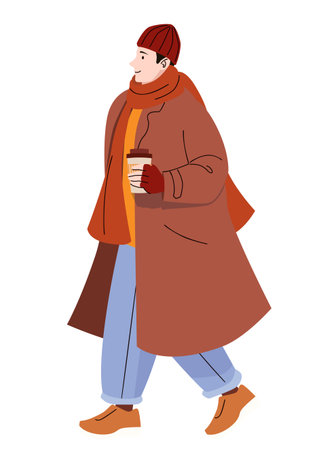 Man walking in winter clothes wearing long coat scarf hat and gloves holding takeaway coffee cup isolated on white background flat style illustrationのイラスト素材