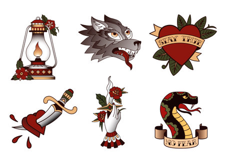 Set of traditional tattoo style illustrations with snake dagger heart wolf lantern hand and floral elements in vintage designのイラスト素材