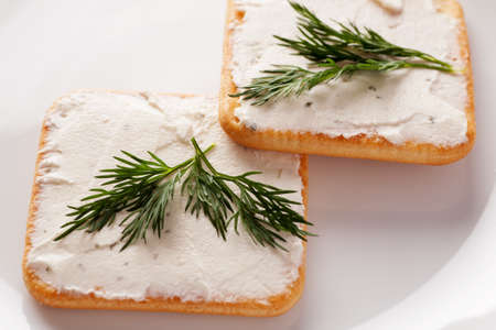 Crackers with spread cheese with dill on a white plate, closeupの写真素材