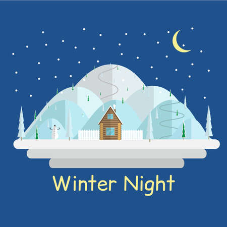 Winter night landscape with snow-covered hills and the crescent moon on dark blue sky. Flat style image.のイラスト素材