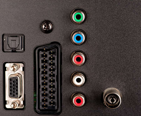 Modern TV audio video input output control panel close-up macro shot, selective focus, copy spaceの写真素材