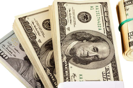 US dollars isolated on white closeup, selective focusの写真素材