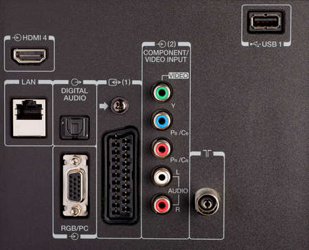 Modern TV audio video input panel with signs,close-up shot, selective focusの写真素材