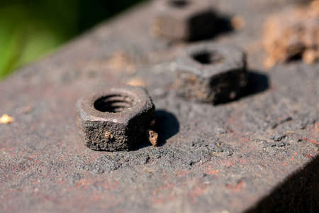Rusty nuts on metal surface, selective focus
