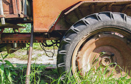 Big old tractor wheel, closeup shot, selective focusの写真素材