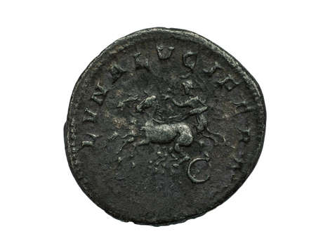 Ancient silver coin with chariot isolated on white, macro shotの写真素材