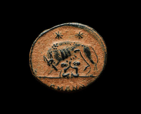 Ancient roman commemorative coin with image of Romulus, Remus and wolf isolated on black, close-up shotの写真素材