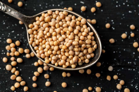 White mustard seeds in metal spoon on a black wooden table, top view, selective focus.の写真素材