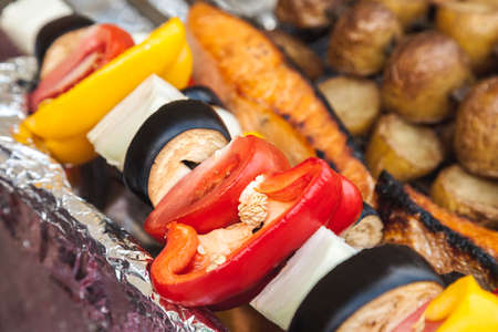 Vegetable kebab on a skewer closeup shotの写真素材