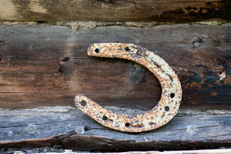 White corroded horseshoe on an old wooden log wallの写真素材