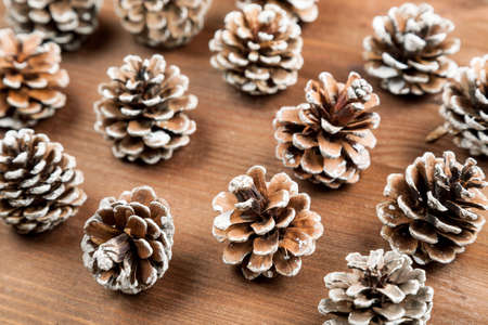 Dry fir tree cones on a wooden table, closeupの写真素材