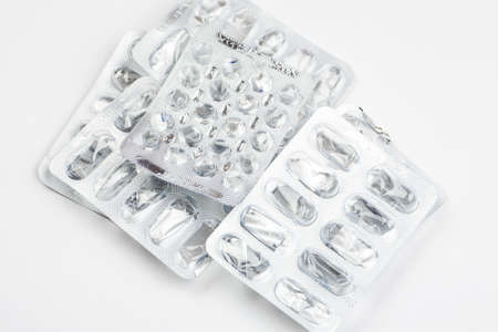 Empty packing from different medications on a white backgroundの写真素材