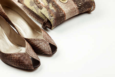 Female shoes and bag made of snake skin imitation on a white background