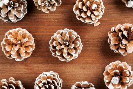 Dry fir tree cones on a wooden table, closeup