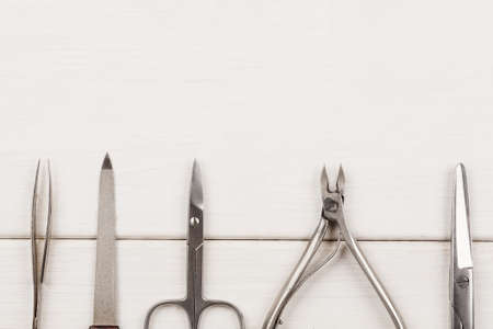 Nail care items on a white table top view, copy spaceの写真素材