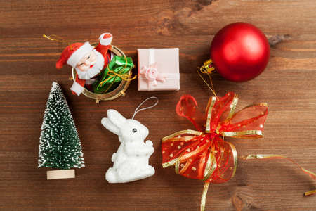 Set of different christmas decorations closeup shot, top view