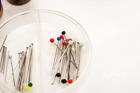 Needles for needlework in a plastic box on a white background, closeup shotの写真素材