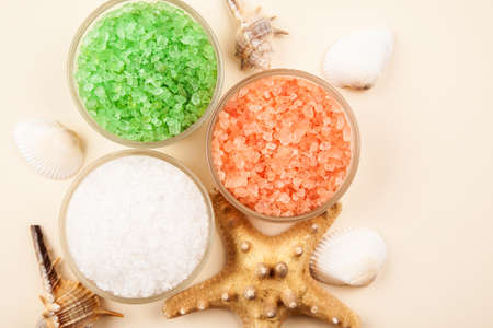 Red, green and white sea salt in glass containers with seashells and starfishの写真素材