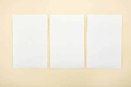 Blank white paper cards on a soft color background, business cards mockupの写真素材