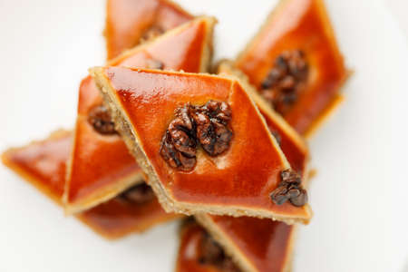 Oriental sweets with walnut, top view, macro
