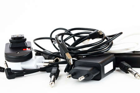 Different wires and connectors on a white background, equipment messの写真素材
