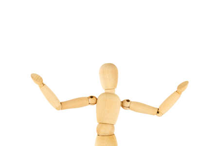 Wooden dummy hands wide open isolated on whiteの写真素材