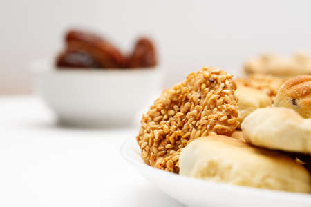 Traditional oriental cookies with sesame and dates, macro shotの写真素材
