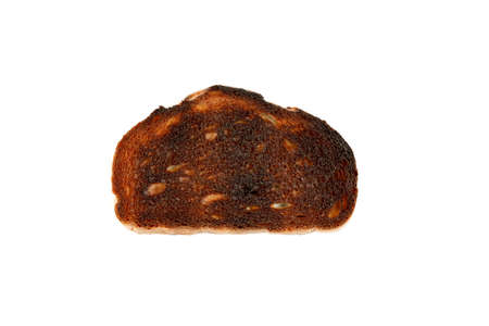 Burnt toast isolated on white, closeup shot, top view