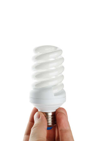 Hand holding saving bulb on a white backgroundの写真素材