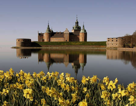 Old castle in Kalmar with yellow flower in Swedenのeditorial素材