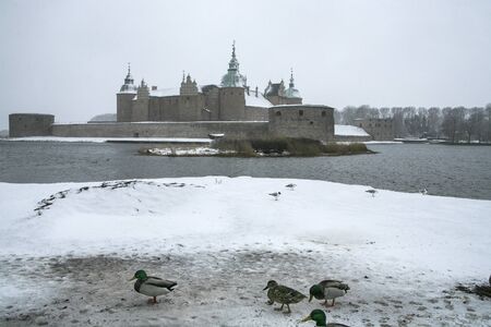 Kalmar Castle on a gray winter with little snow and ducksのeditorial素材