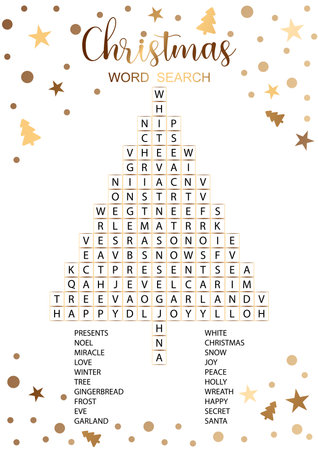 Christmas word search elegant card. Shining gold puzzle about winter holiday. Party game.のイラスト素材