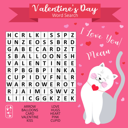 Valentine's Day word search puzzle for kids. Educational game for learning English. Printable worksheet. Vector illustration with kitty.のイラスト素材