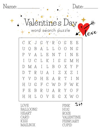 Valentine's Day word search puzzle. Educational game for learning English. Party card. Printable activity worksheet. Find hidden words about love.のイラスト素材