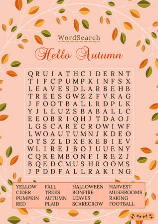Autumn word search puzzle. Fall season crossword puzzle for children or adults. Printable worksheet for learning English. Educational keyword activity. Party card.のイラスト素材