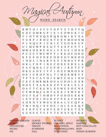 Magical autumn word search puzzle. Fall season crossword puzzle for children or adults. Printable worksheet for learning English. Educational keyword activity. Party card.のイラスト素材