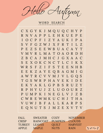 Hello Autumn word search puzzle for children or adults. Crossword game for learning English words fun. Suitable for social media post. Educational worksheet.のイラスト素材