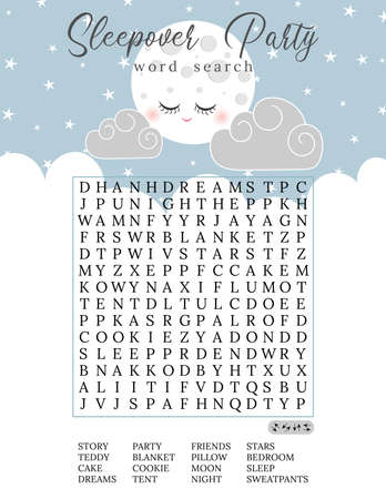 Sleepover party word search puzzle. Printable page for pajama party. Crossword game for learning English words. Educational keyword activity. Party card. Cute moon and clouds.のイラスト素材