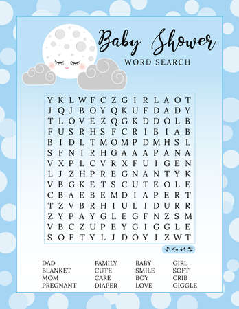 Baby shower word search puzzle game. Printable party card. Activities ideas supplies. Cute moon and clouds.のイラスト素材