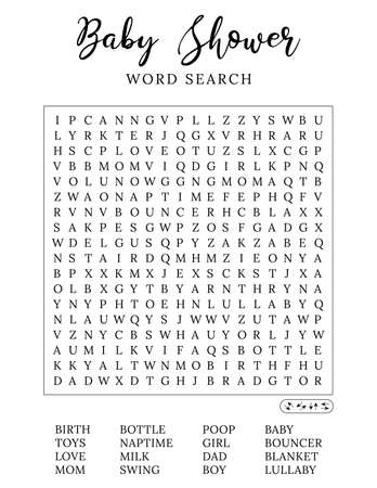 Baby shower word search puzzle. Logic game. Party card. Activities ideas supplies.のイラスト素材