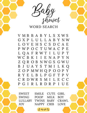 Baby shower word search puzzle game. Printable party card. Activities ideas supplies.のイラスト素材
