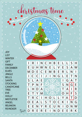 Christmas word search puzzle. Worksheet for learning English about Christmas holidays. Snow globe vector illustrationのイラスト素材