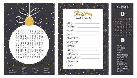 Christmas games. Word search puzzle, word scramble. Logic games for adults and teenagers. Activities ideas suppliesのイラスト素材
